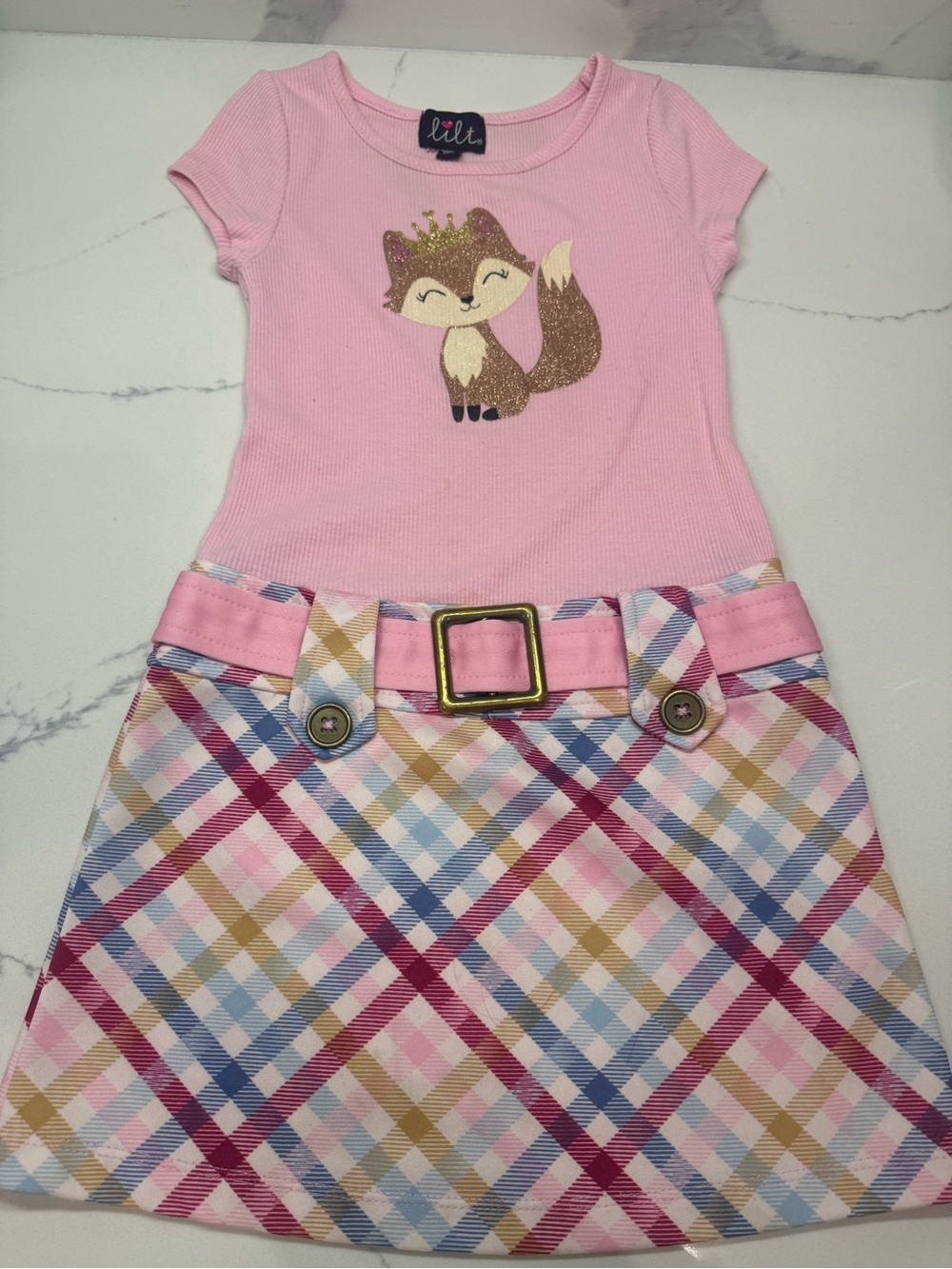 lilt Pink Fox Graphic Plaid Belted Dress for Girls